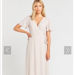 show me your mumu wrap bridesmaid dress neutral
